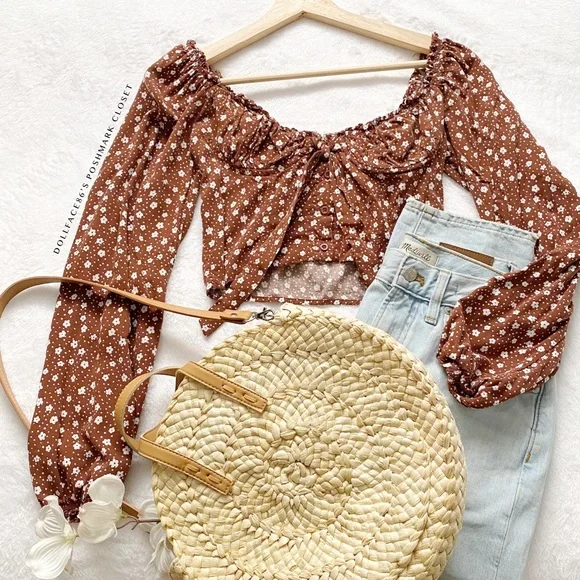 PacSun Cropped Brown Billowy Sleeve Floral Print Top - Picture 2 of 10